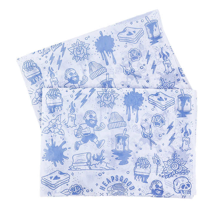 White Sydney paper in various sizes with blue printed patterns