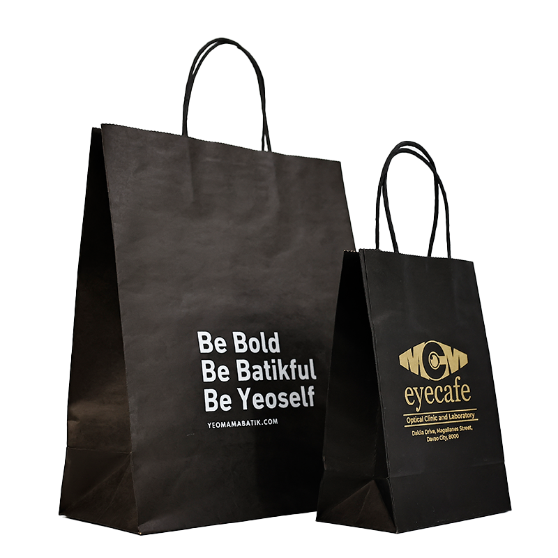 Black all over print brown kraft paper tote bag