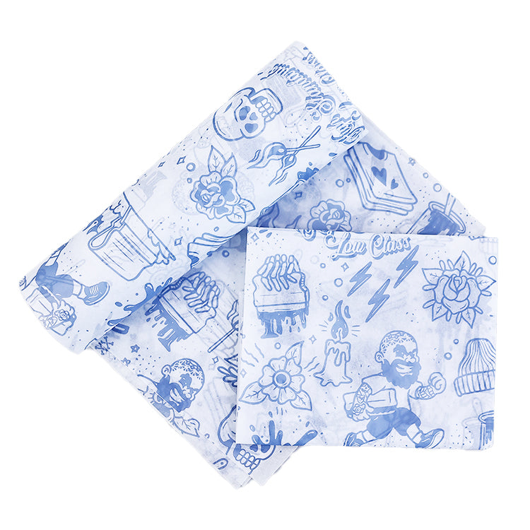 White Sydney paper in various sizes with blue printed patterns