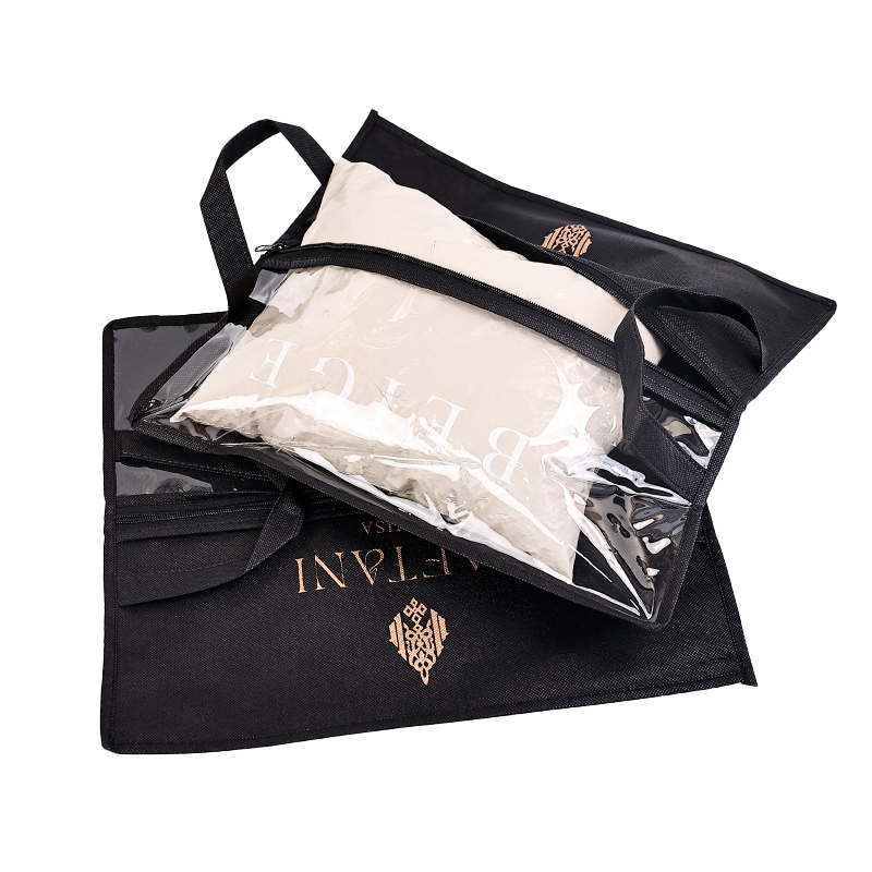 Black non-woven packaging bag with middle zipper and transparent skylight design at the bottom