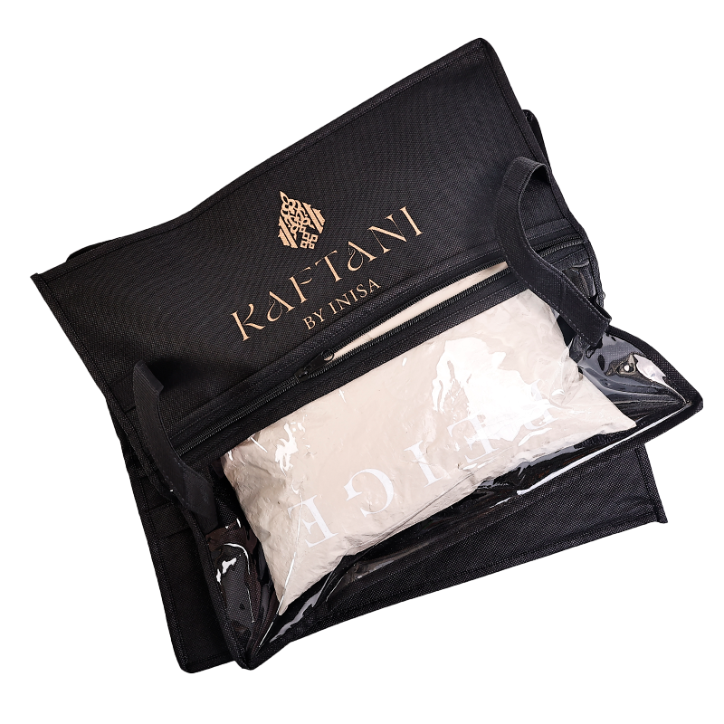 Black non-woven packaging bag with middle zipper and transparent skylight design at the bottom