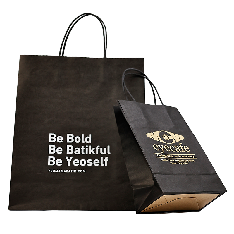 Black all over print brown kraft paper tote bag