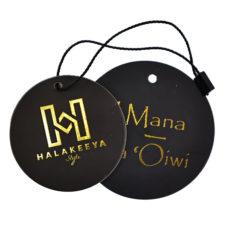 Black round pattern gold stamped hangtag 2.22