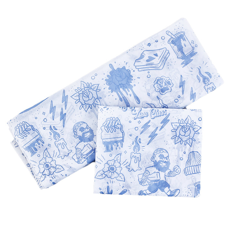 White Sydney paper in various sizes with blue printed patterns