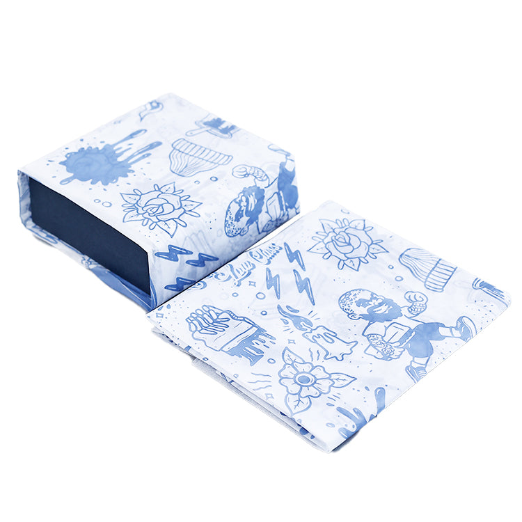 White Sydney paper in various sizes with blue printed patterns