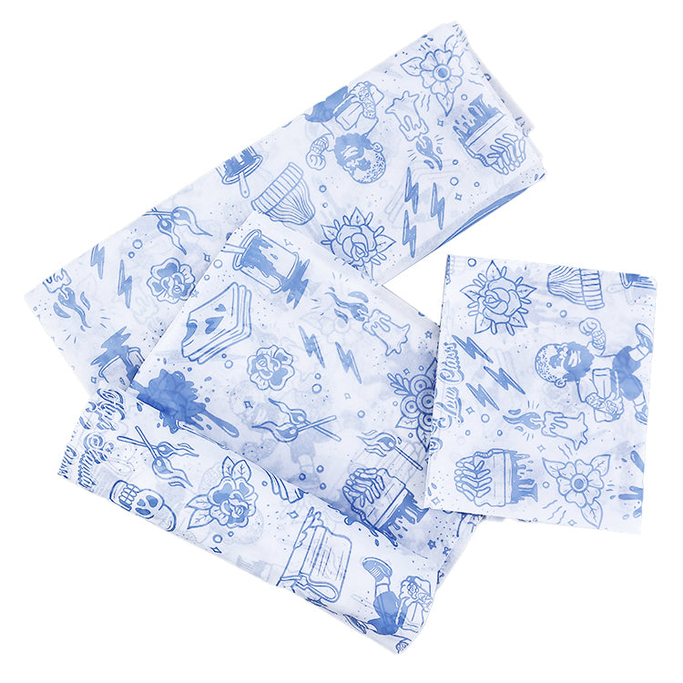 White Sydney paper in various sizes with blue printed patterns