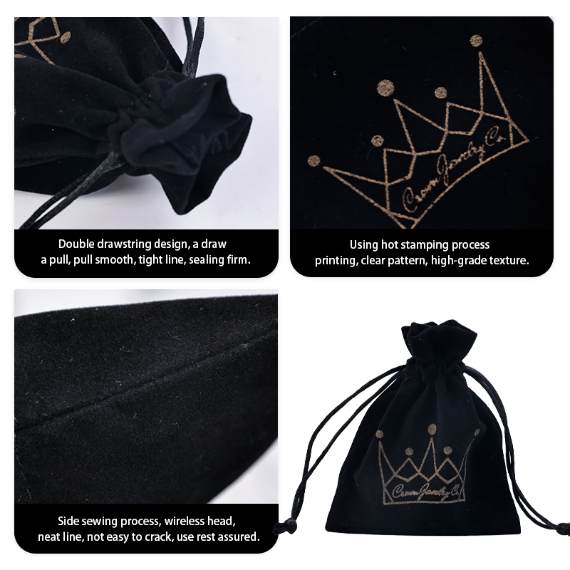Black small size pattern gold foil velvet drawstring bag 8.19