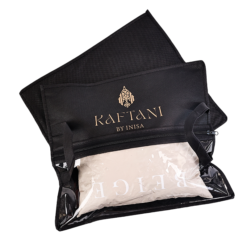 Black non-woven packaging bag with middle zipper and transparent skylight design at the bottom 5.11