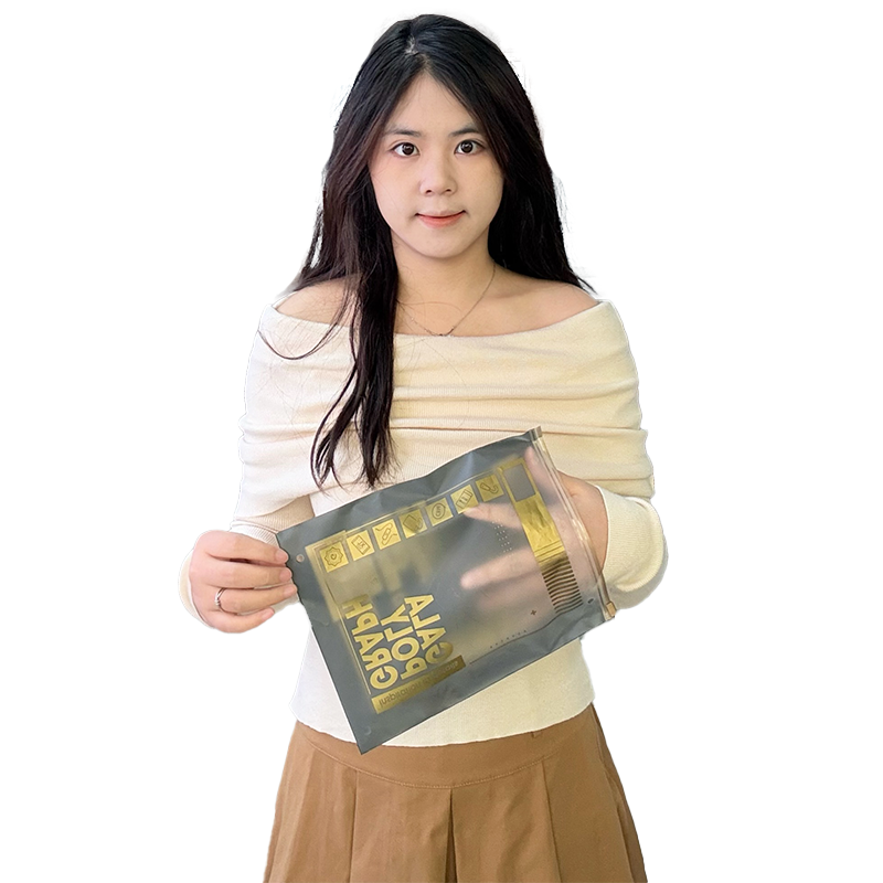 Black pattern hot stamping single side transparent frosted zipper bag