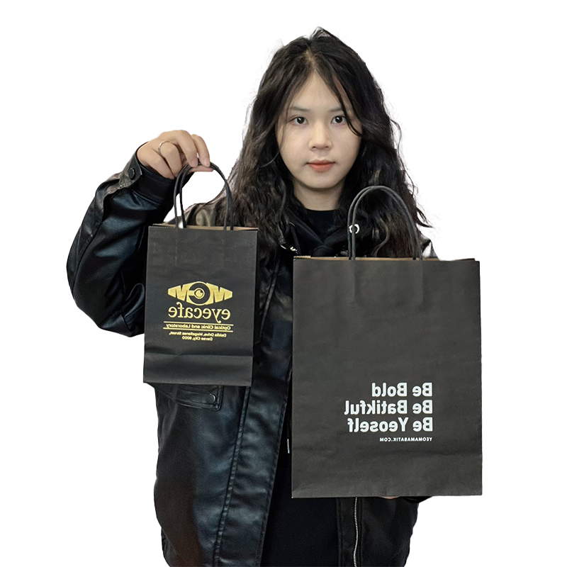 Black all over print brown kraft paper tote bag