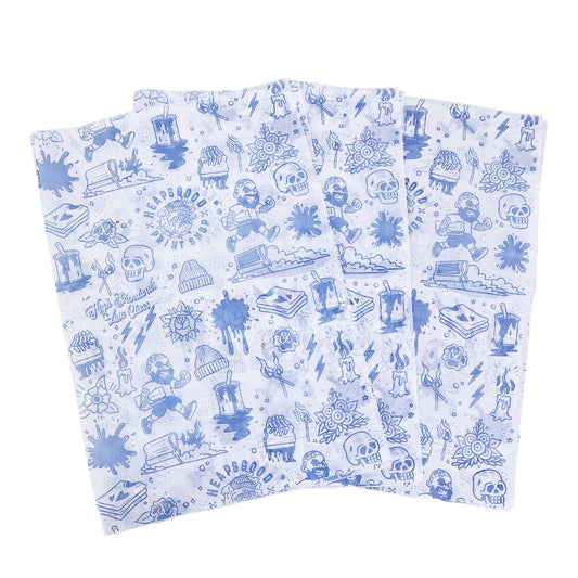 White Sydney paper in various sizes with blue printed patterns