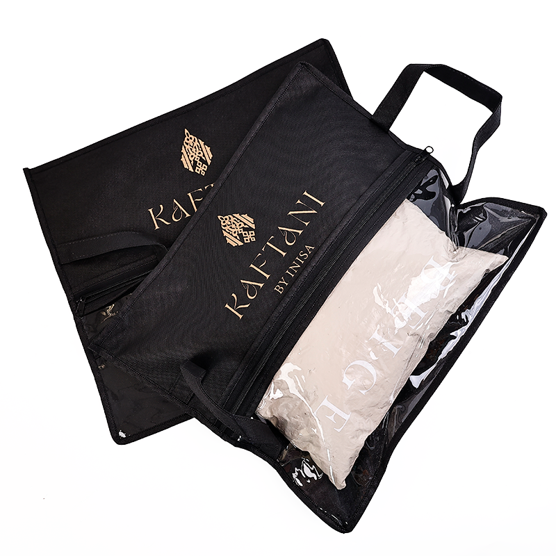 Black non-woven packaging bag with middle zipper and transparent skylight design at the bottom
