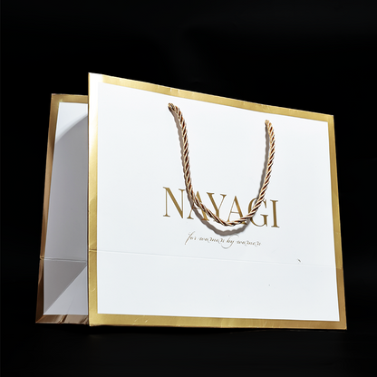White pattern gold stamped paper bag with gold around the edges