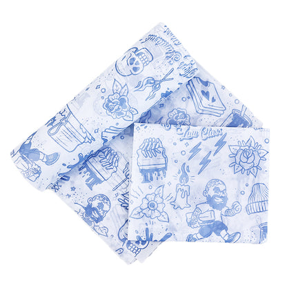 White Sydney paper in various sizes with blue printed patterns