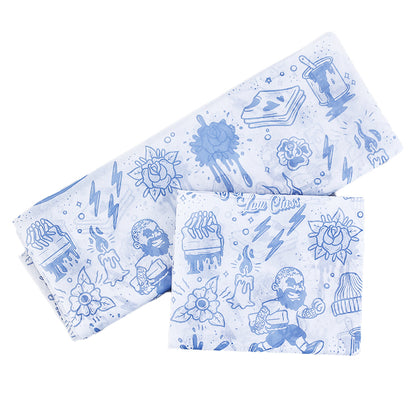 White Sydney paper in various sizes with blue printed patterns