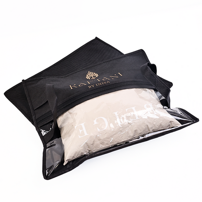 Black non-woven packaging bag with middle zipper and transparent skylight design at the bottom 5.11