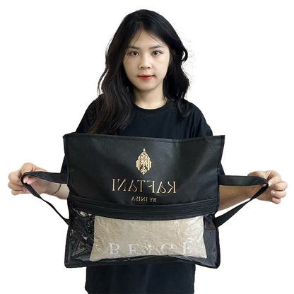 Black non-woven packaging bag with middle zipper and transparent skylight design at the bottom 5.11